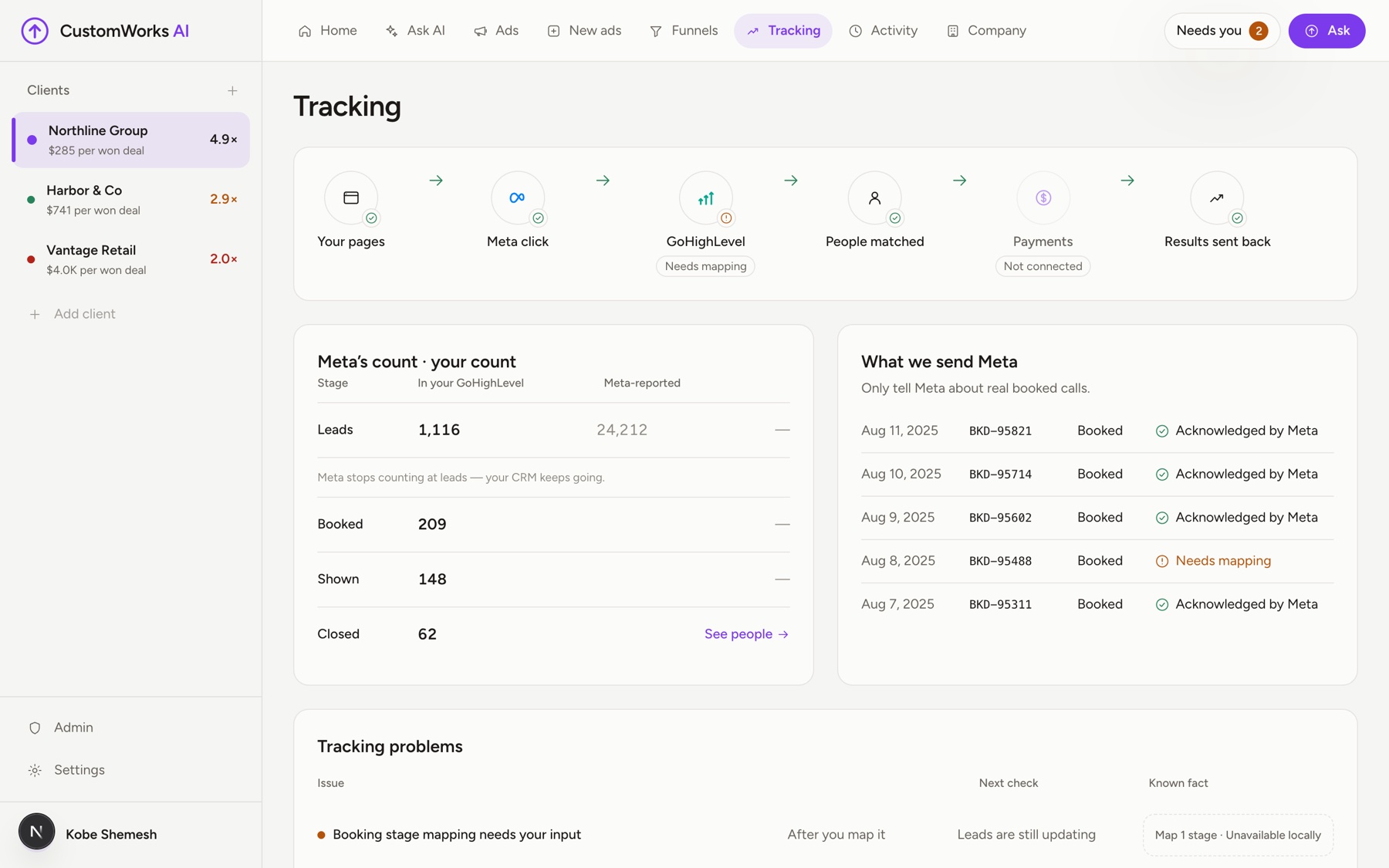 The tracking view, matching ad spend to revenue.